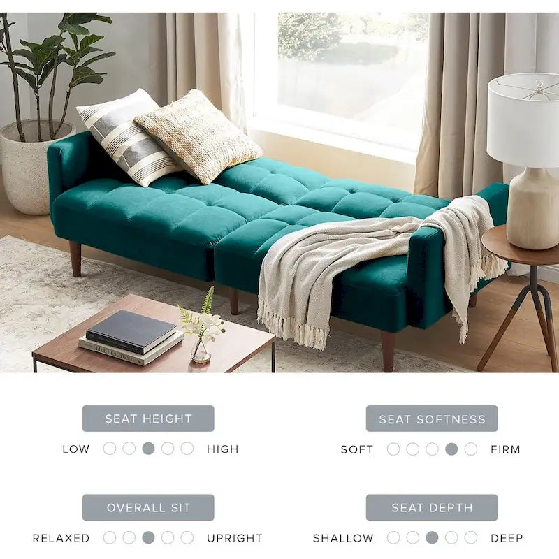 Divano futon trasformabile moderno di metà secolo, trapuntato, con funzione letto e gambe affusolate