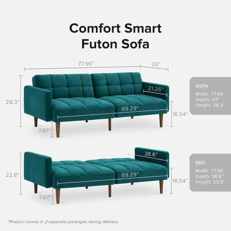 Divano futon trasformabile moderno di metà secolo, trapuntato, con funzione letto e gambe affusolate