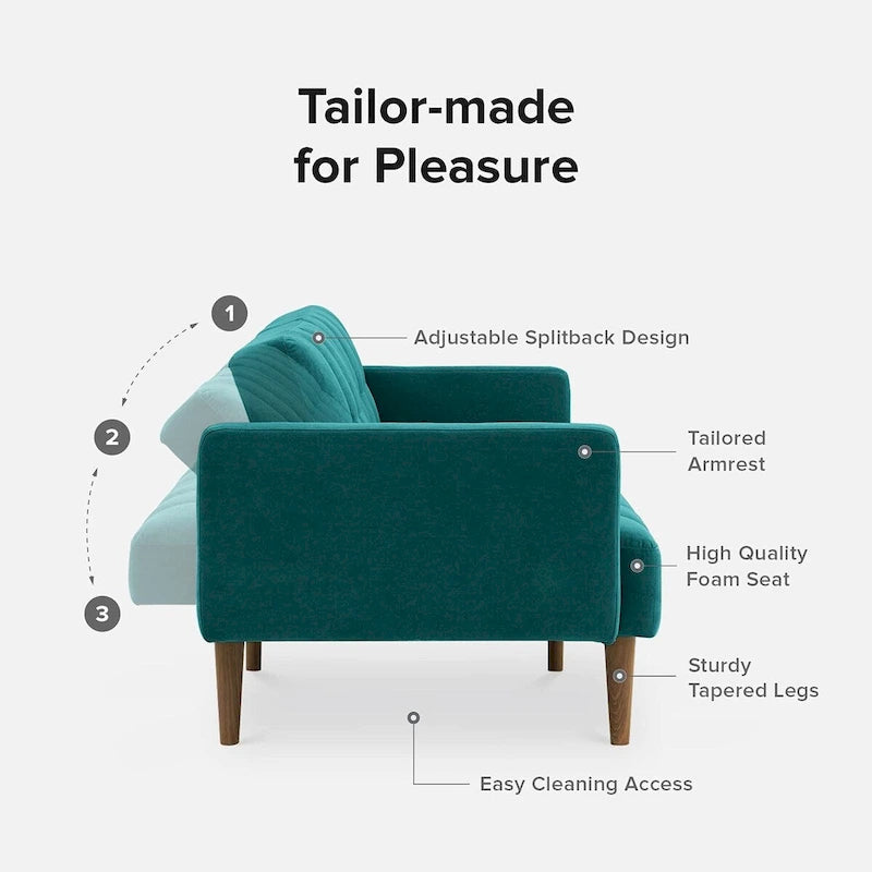 Divano futon trasformabile moderno di metà secolo, trapuntato, con funzione letto e gambe affusolate