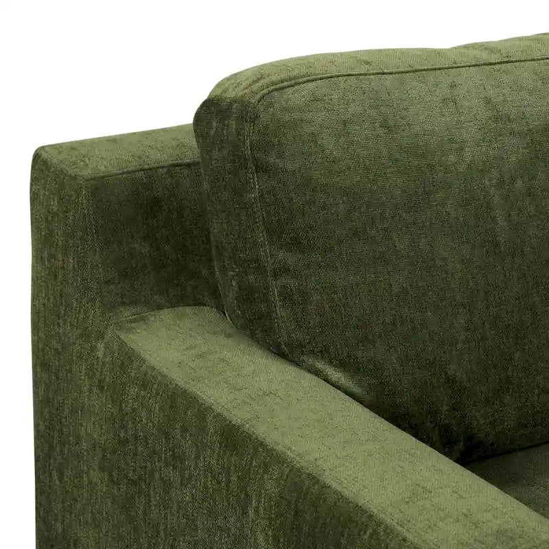 Divano da 90" in velluto verde effetto vissuto con gambe in legno di gomma e cuscini in piuma e piumino