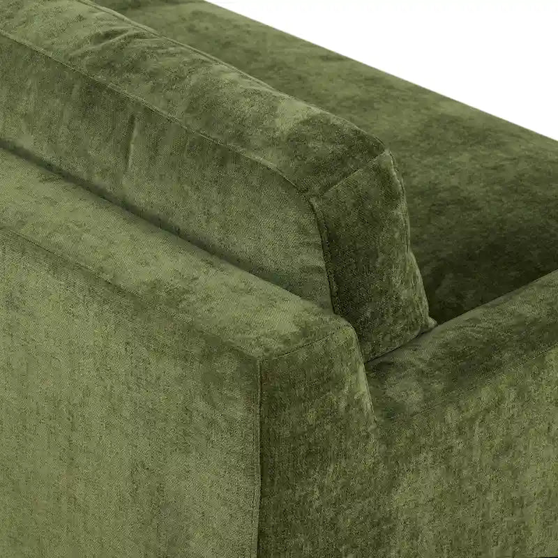 Divano da 90" in velluto verde effetto vissuto con gambe in legno di gomma e cuscini in piuma e piumino