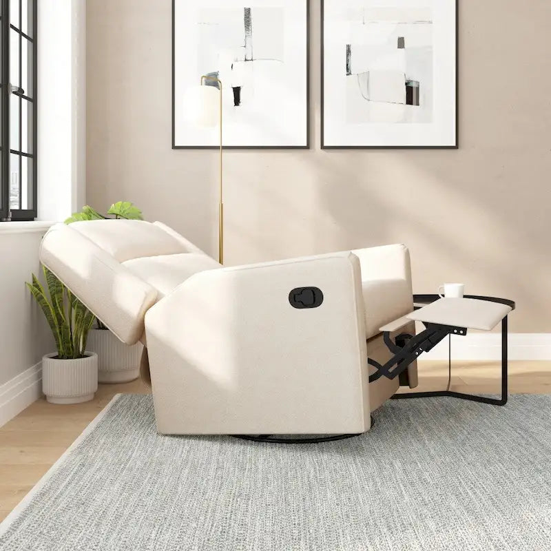 Poltrona decorativa imbottita reclinabile manuale, a dondolo, girevole e oscillante, color crema e grigio