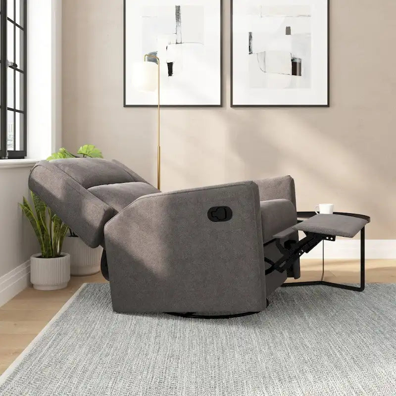 Poltrona decorativa imbottita reclinabile manuale, a dondolo, girevole e oscillante, color crema e grigio