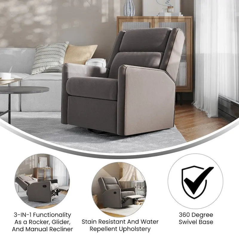 Poltrona decorativa imbottita reclinabile manuale, a dondolo, girevole e oscillante, color crema e grigio