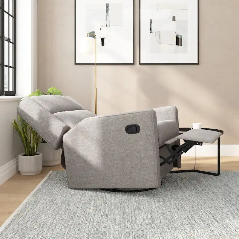 Poltrona decorativa imbottita reclinabile manuale, a dondolo, girevole e oscillante, color crema e grigio