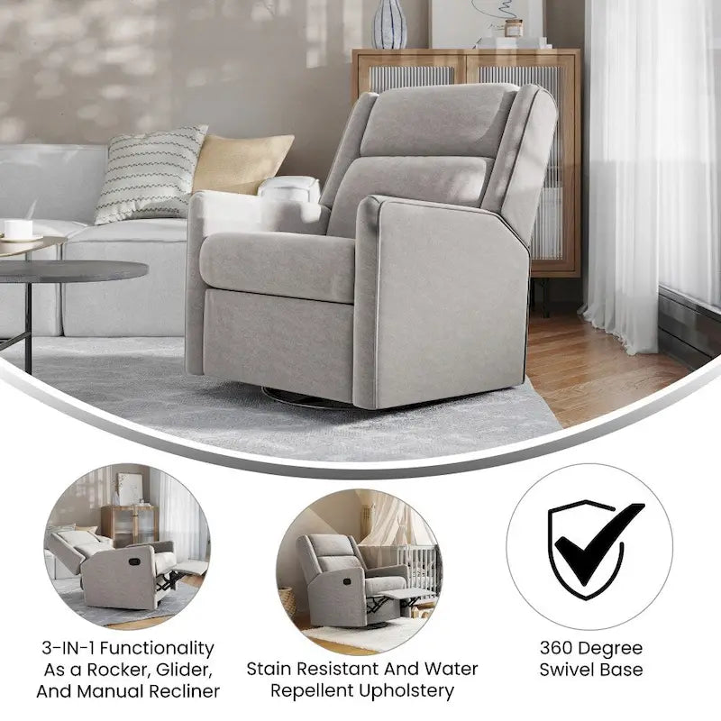Poltrona decorativa imbottita reclinabile manuale, a dondolo, girevole e oscillante, color crema e grigio