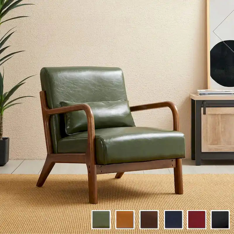 Glitzhome 30.75H Mid-Century Modern PU Leather Armchair Accent Chair with Pillow - 25.75W x 33.75D x 30.75H