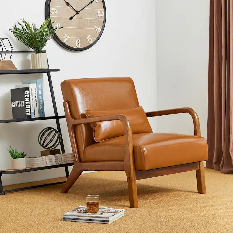 Poltrona d'accento moderna di metà secolo in similpelle PU con struttura in legno di noce