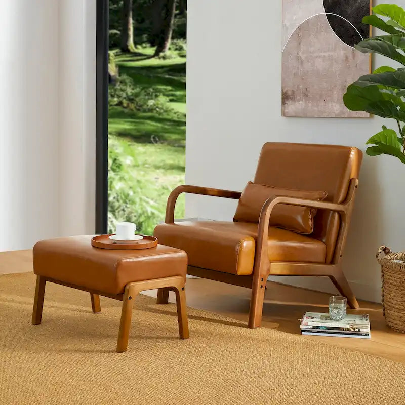 Poltrona d'accento moderna di metà secolo in similpelle PU con struttura in legno di noce