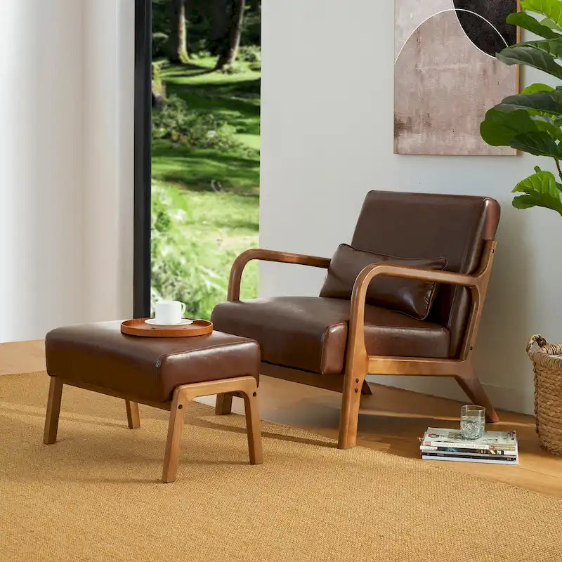 Poltrona d'accento moderna di metà secolo in similpelle PU con struttura in legno di noce