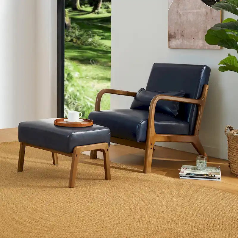 Poltrona d'accento moderna di metà secolo in similpelle PU con struttura in legno di noce