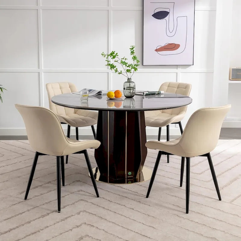 Sedia da pranzo in pelle PU imbottita in stile metà secolo con impunture a diamante, beige