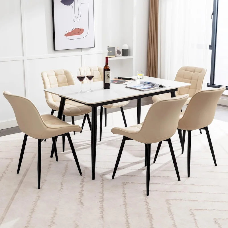 Sedia da pranzo in pelle PU imbottita in stile metà secolo con impunture a diamante, beige
