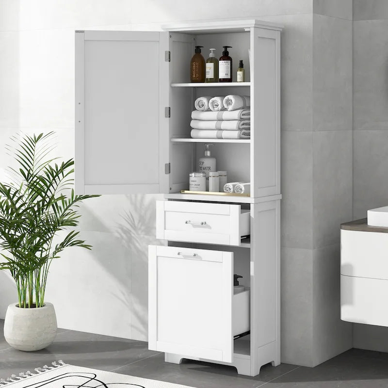 Mobiletto alto indipendente per il bagno con cassetti e ripiano regolabile, grigio/bianco/nero