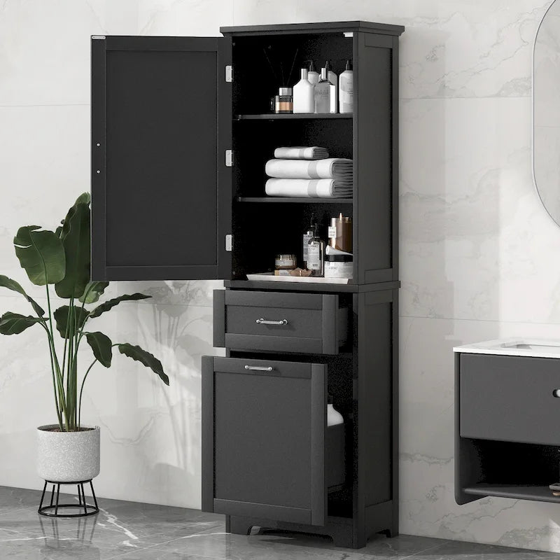 Mobiletto alto indipendente per il bagno con cassetti e ripiano regolabile, grigio/bianco/nero