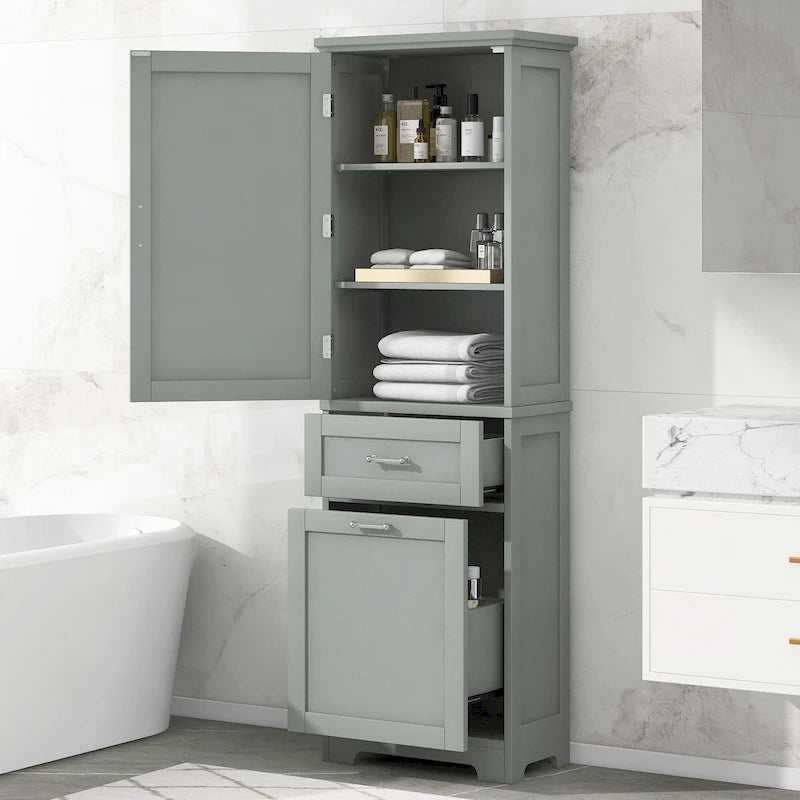 Mobiletto alto indipendente per il bagno con cassetti e ripiano regolabile, grigio/bianco/nero