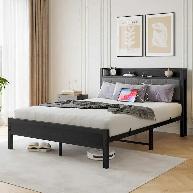 Queen/Full/Twin Size Bed Frame with Storage Headboard and Charging Station, Noise Free