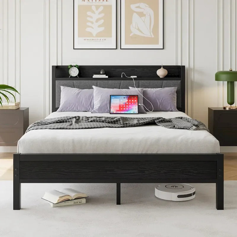Base letto Queen/Full/Twin con testiera contenitore e stazione di ricarica, senza rumore