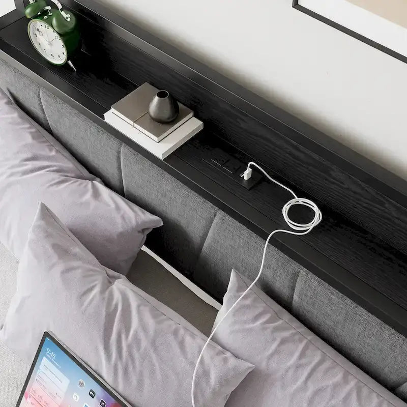 Base letto Queen/Full/Twin con testiera contenitore e stazione di ricarica, senza rumore