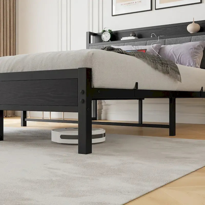 Base letto Queen/Full/Twin con testiera contenitore e stazione di ricarica, senza rumore
