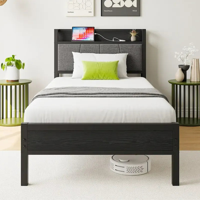 Base letto Queen/Full/Twin con testiera contenitore e stazione di ricarica, senza rumore