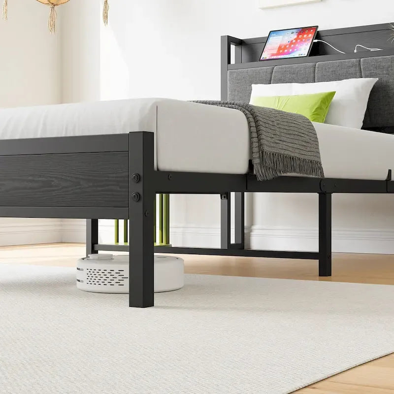 Base letto Queen/Full/Twin con testiera contenitore e stazione di ricarica, senza rumore