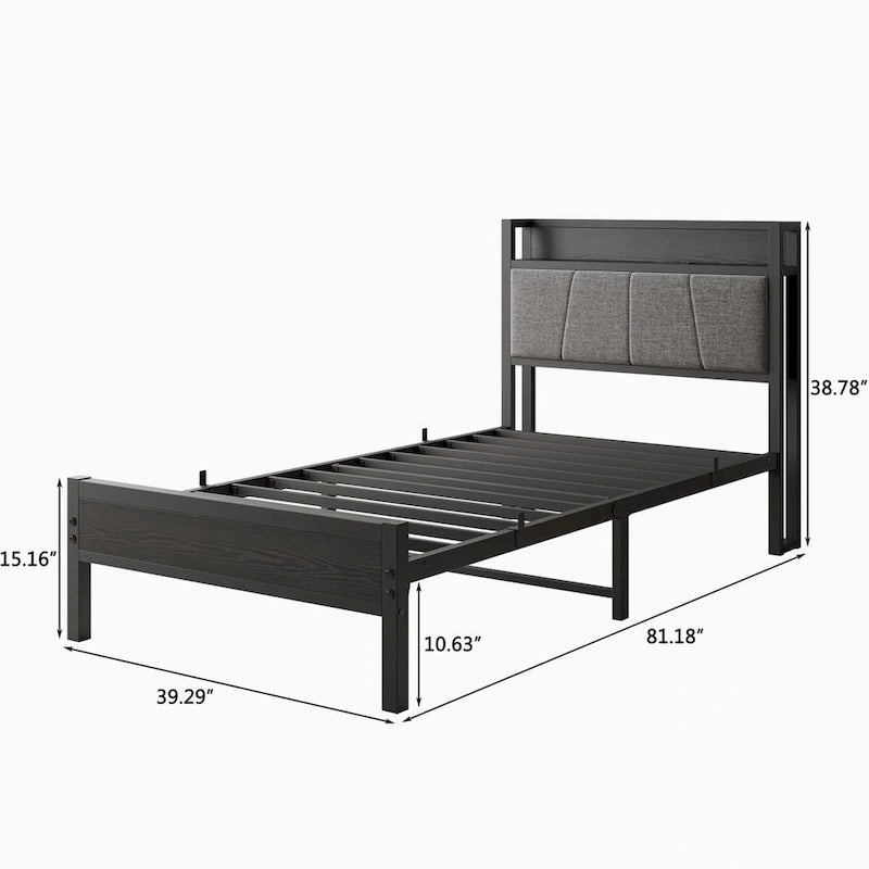 Base letto Queen/Full/Twin con testiera contenitore e stazione di ricarica, senza rumore