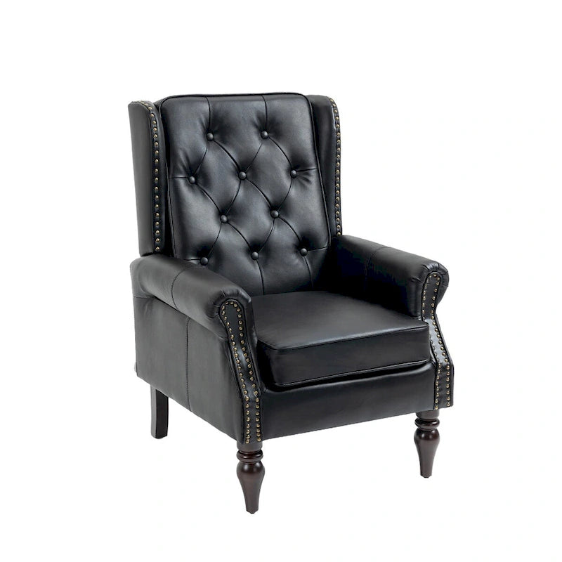 Poltrona imbottita in pelle PU, poltrona con schienale alto capitonné in stile Mid-Century con braccioli e gambe in legno massello