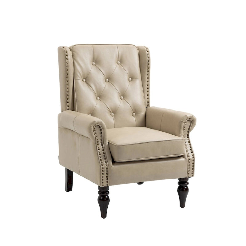 Poltrona imbottita in pelle PU, poltrona con schienale alto capitonné in stile Mid-Century con braccioli e gambe in legno massello