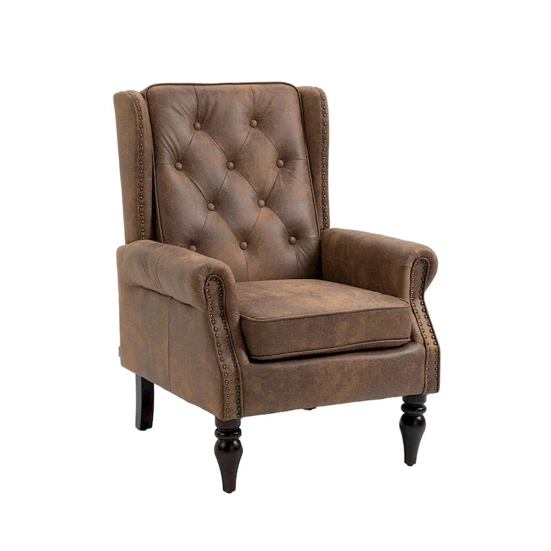 Poltrona imbottita in pelle PU, poltrona con schienale alto capitonné in stile Mid-Century con braccioli e gambe in legno massello