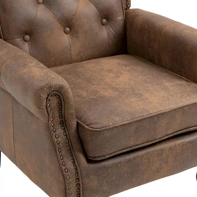 Poltrona imbottita in pelle PU, poltrona con schienale alto capitonné in stile Mid-Century con braccioli e gambe in legno massello
