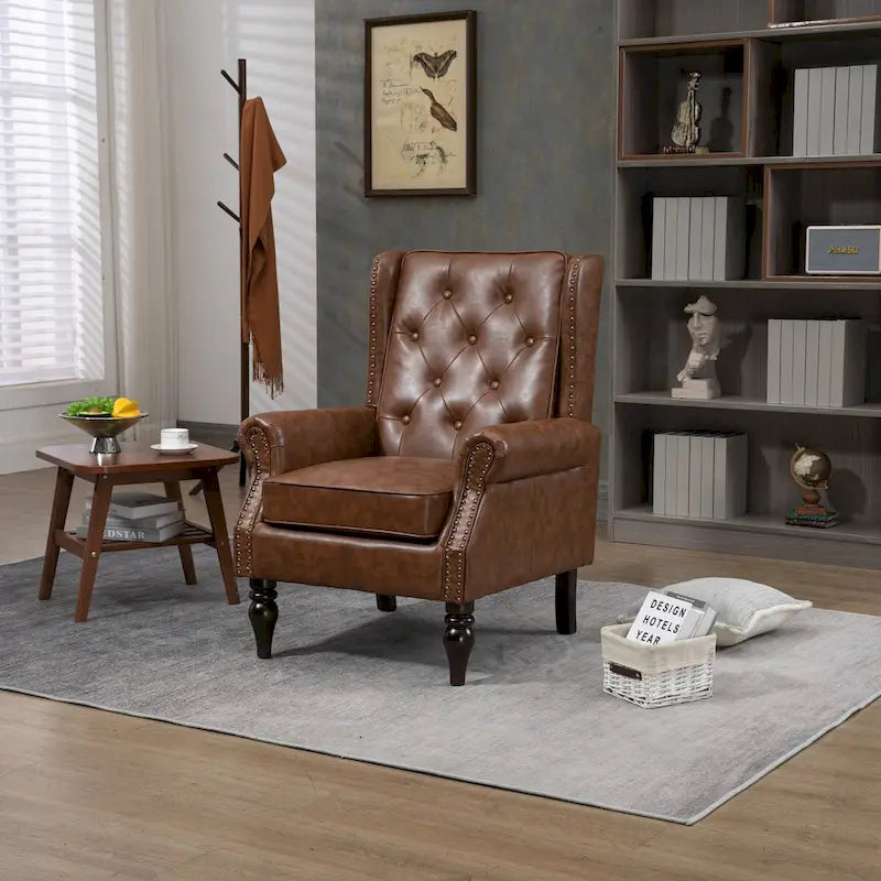 Poltrona imbottita in pelle PU, poltrona con schienale alto capitonné in stile Mid-Century con braccioli e gambe in legno massello