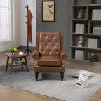 Poltrona imbottita in pelle PU, poltrona con schienale alto capitonné in stile Mid-Century con braccioli e gambe in legno massello