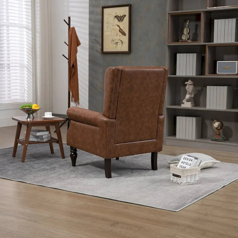 Poltrona imbottita in pelle PU, poltrona con schienale alto capitonné in stile Mid-Century con braccioli e gambe in legno massello