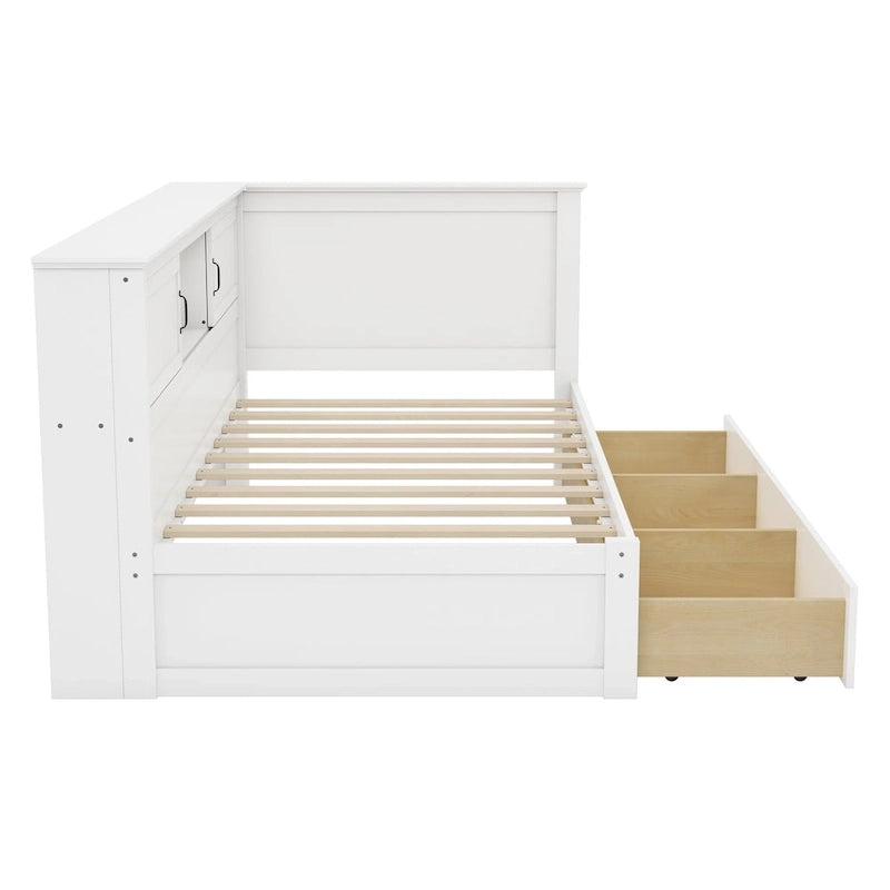 Struttura Letto ad Angolo a L con Cassetto, Libreria, Faretto LED e Porta USB